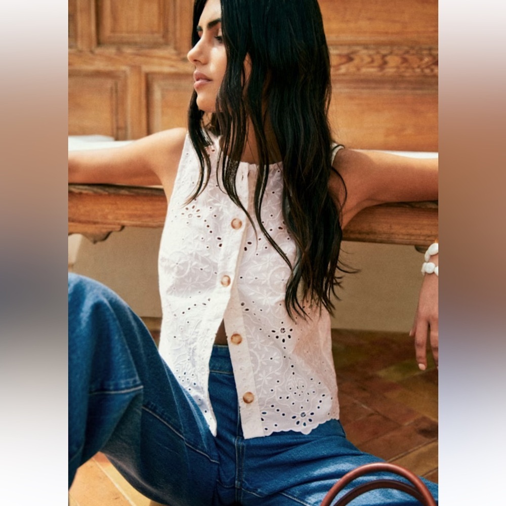 Sezane White Eyelet Button-Front Sleeveless Top